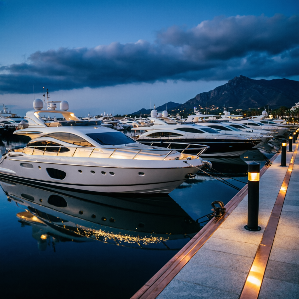 Puerto Banús marina at dusk with luxury yachts