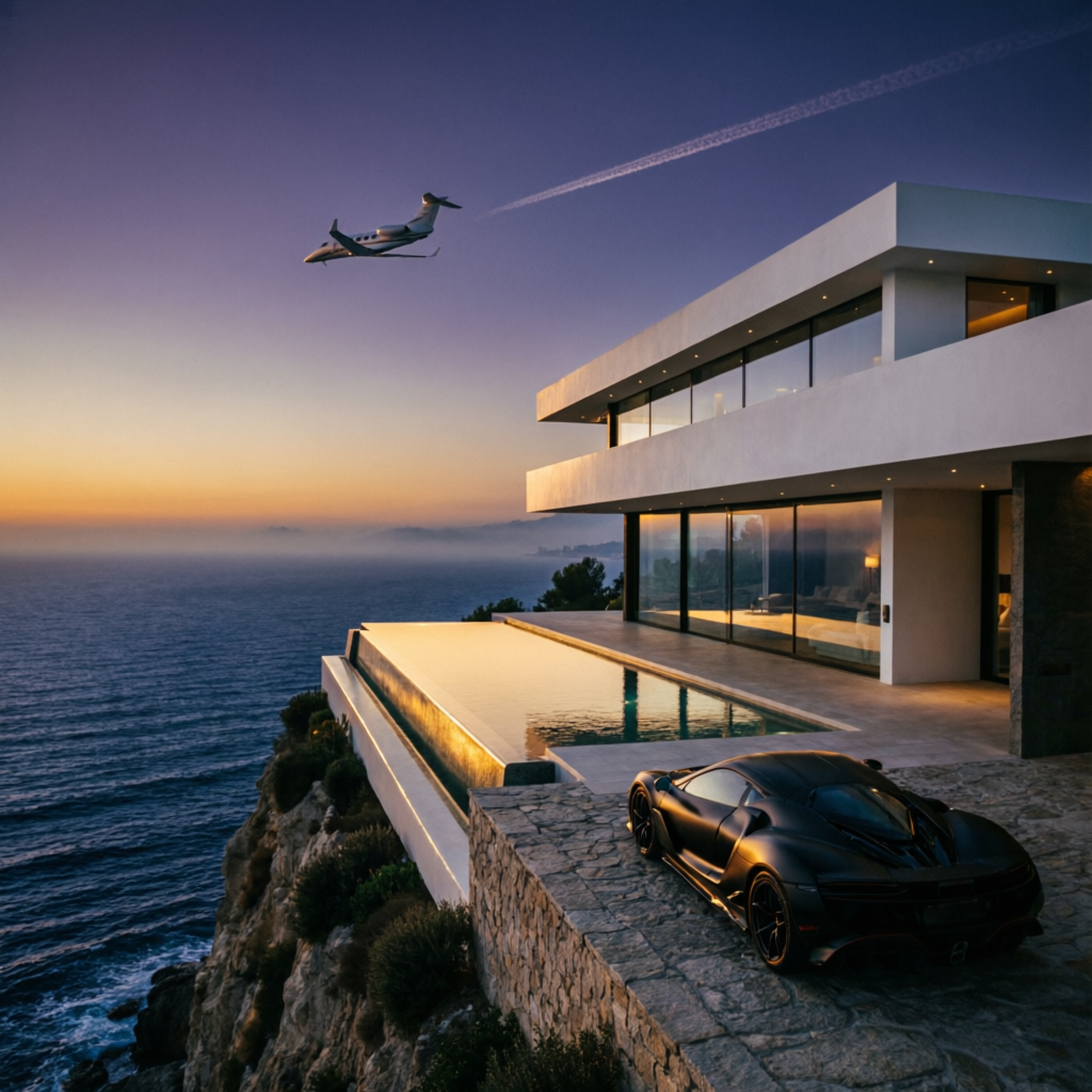 Dusk over a Marbella cliffside villa with supercar and private jet