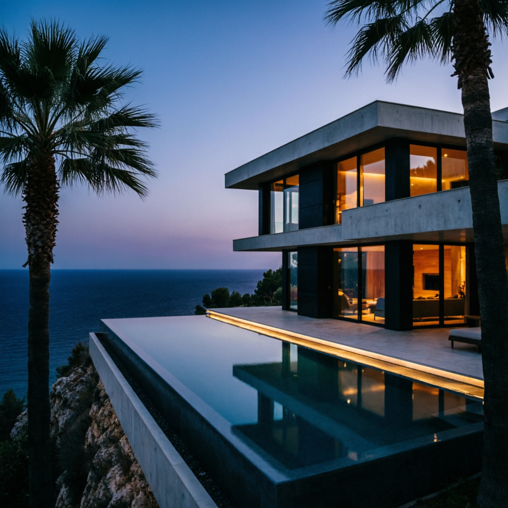 Cliffside villa at dusk