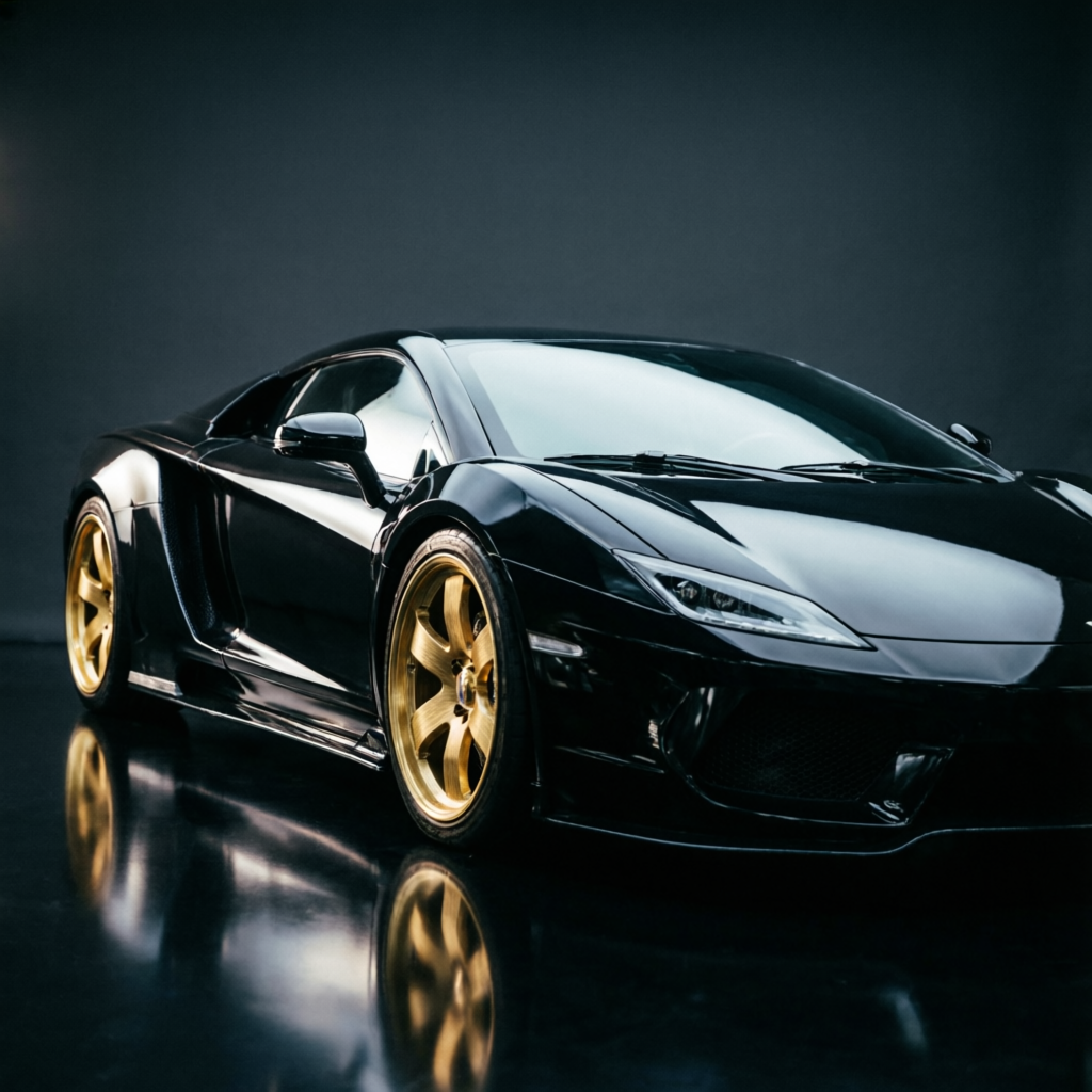 Black exotic supercar with gold wheels